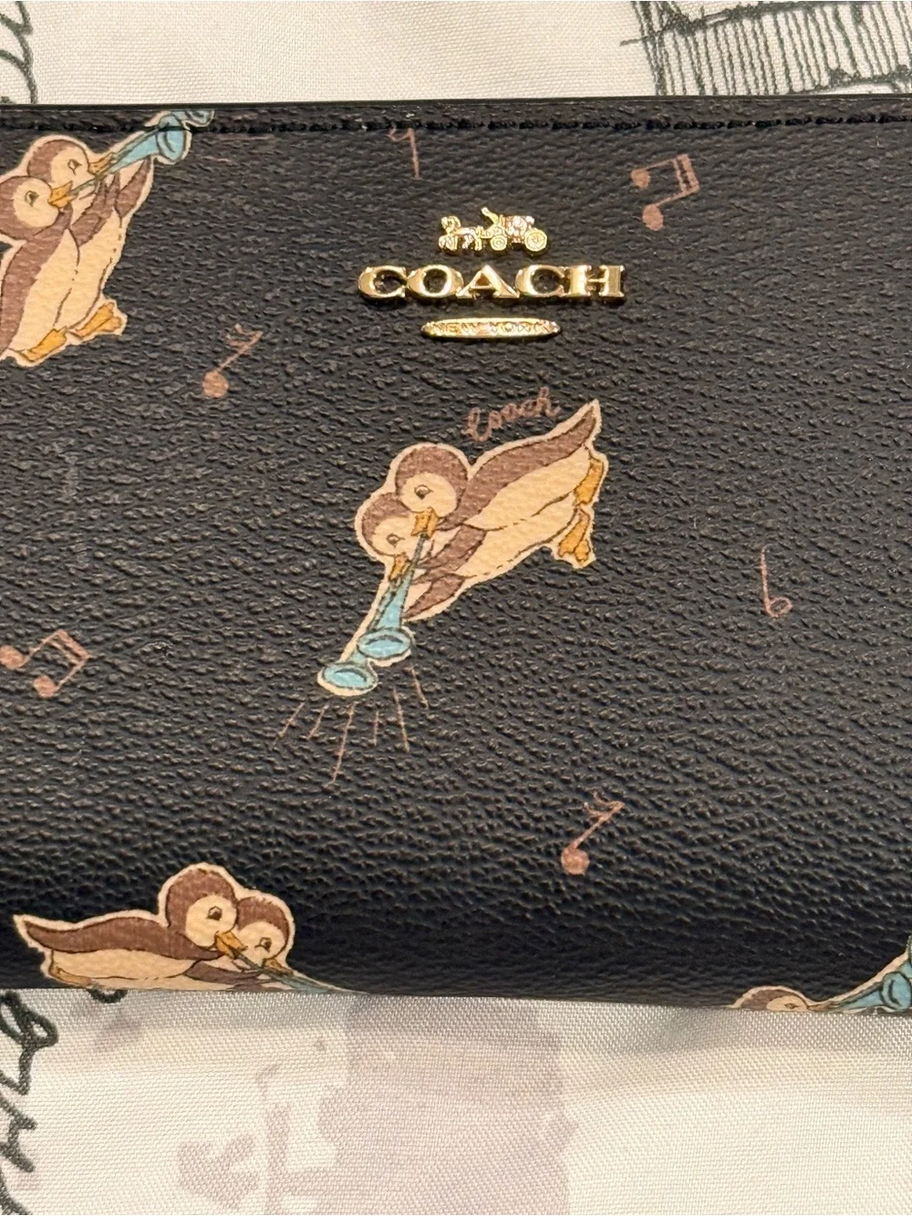 Coach Black Leather Long Wallet Penguin Print